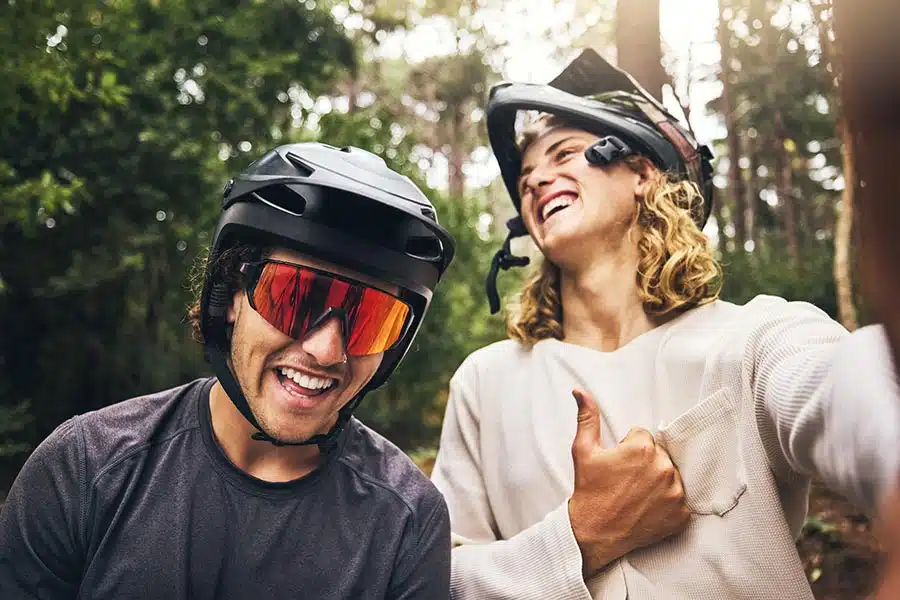 mountain bikers enjoying a laugh